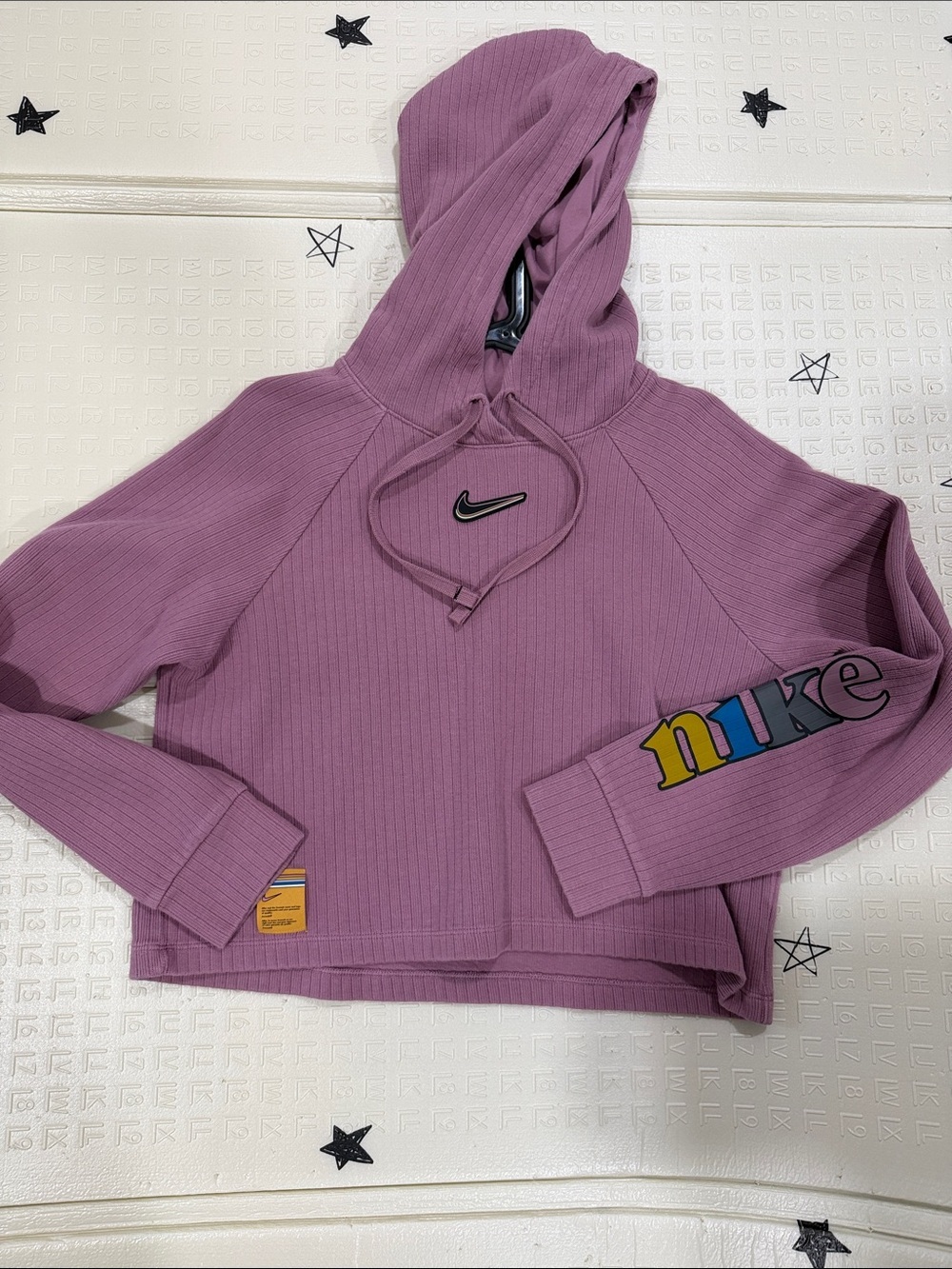 Nike Mauve/Purple Ribbed Cropped Hoodie with Colorblock Sleeve Logo